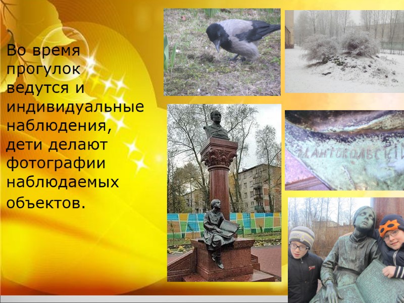 Во время прогулок ведутся и индивидуальные наблюдения, дети делают фотографии наблюдаемых объектов. Во время прогулок ведутся и индивидуальные наблюдения, дети делают фотографии наблюдаемых объектов.